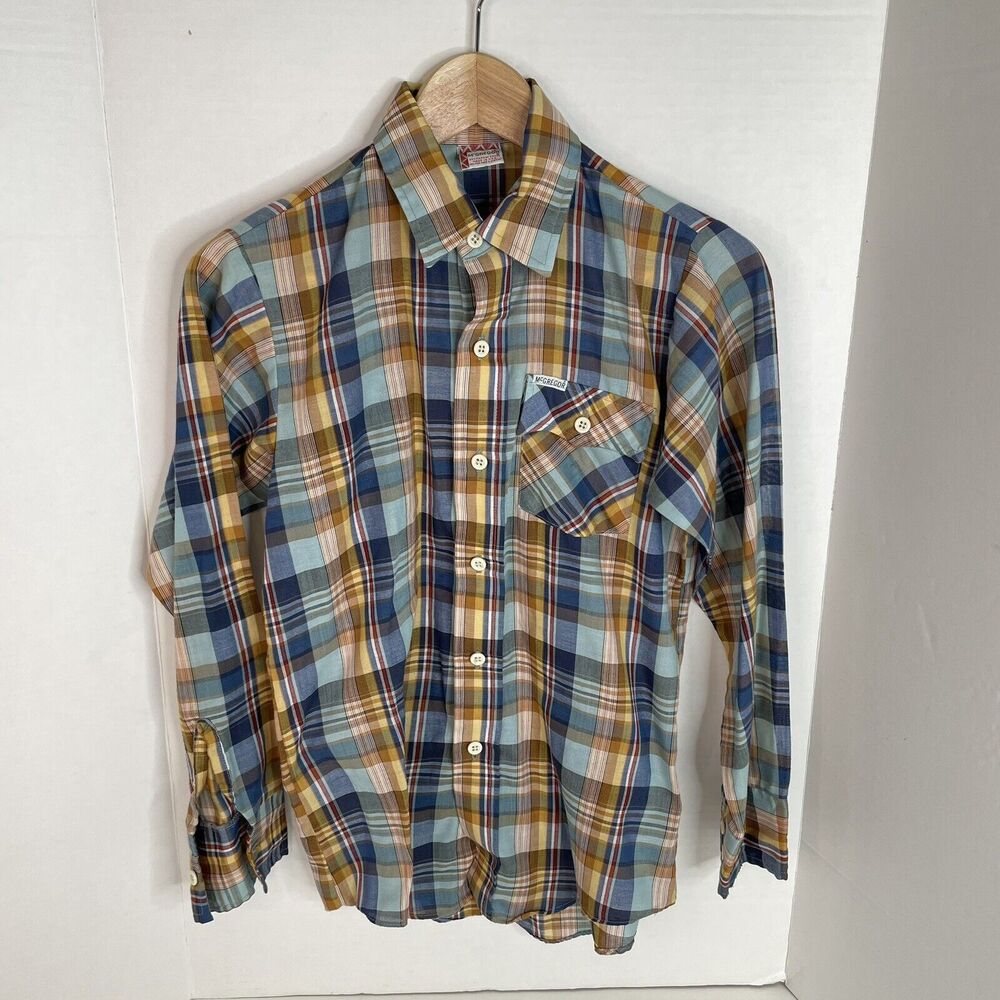 Vintage McGregor Button Up Shirt Boys Size 16, Checkered Multicolor, Long Sleeve